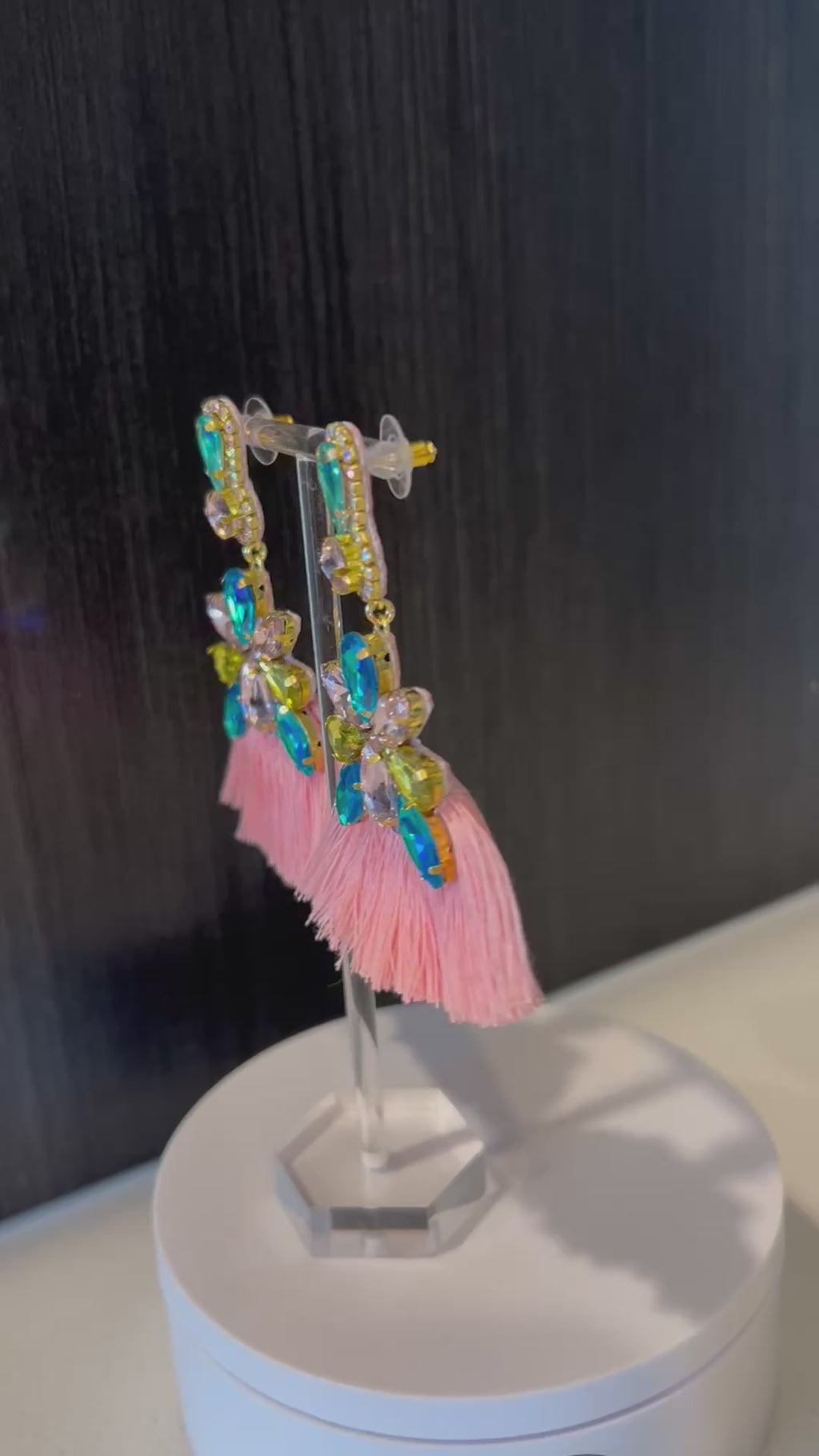 Coral Pink and Blue Crystal Rhinestone Fan Tassel Earrings