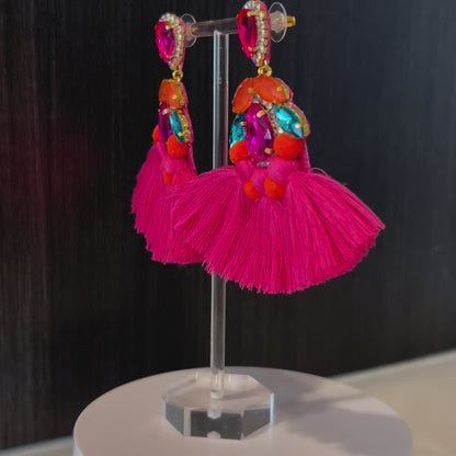 Pink & Turquoise Colorful Crystal Rhinestone Fan Tassel Earrings