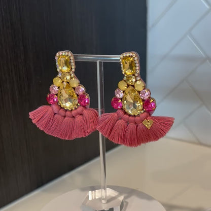 Pink & Gold Crystal Rhinestone Fan Tassel Earrings