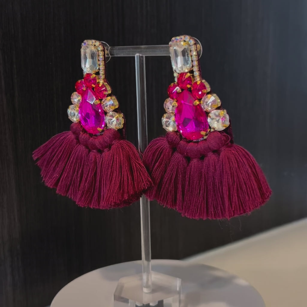 Pink & Burgundy Crystal Rhinestone Fan Tassel Earrings