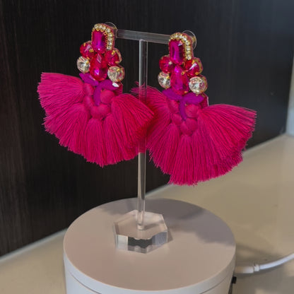 Hot Pink Crystal Rhinestone Fan Tassel Earrings