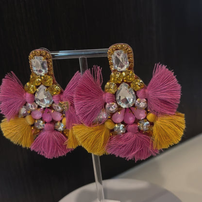 Pink & Gold Crystal Rhinestone Fan Tassel Earrings