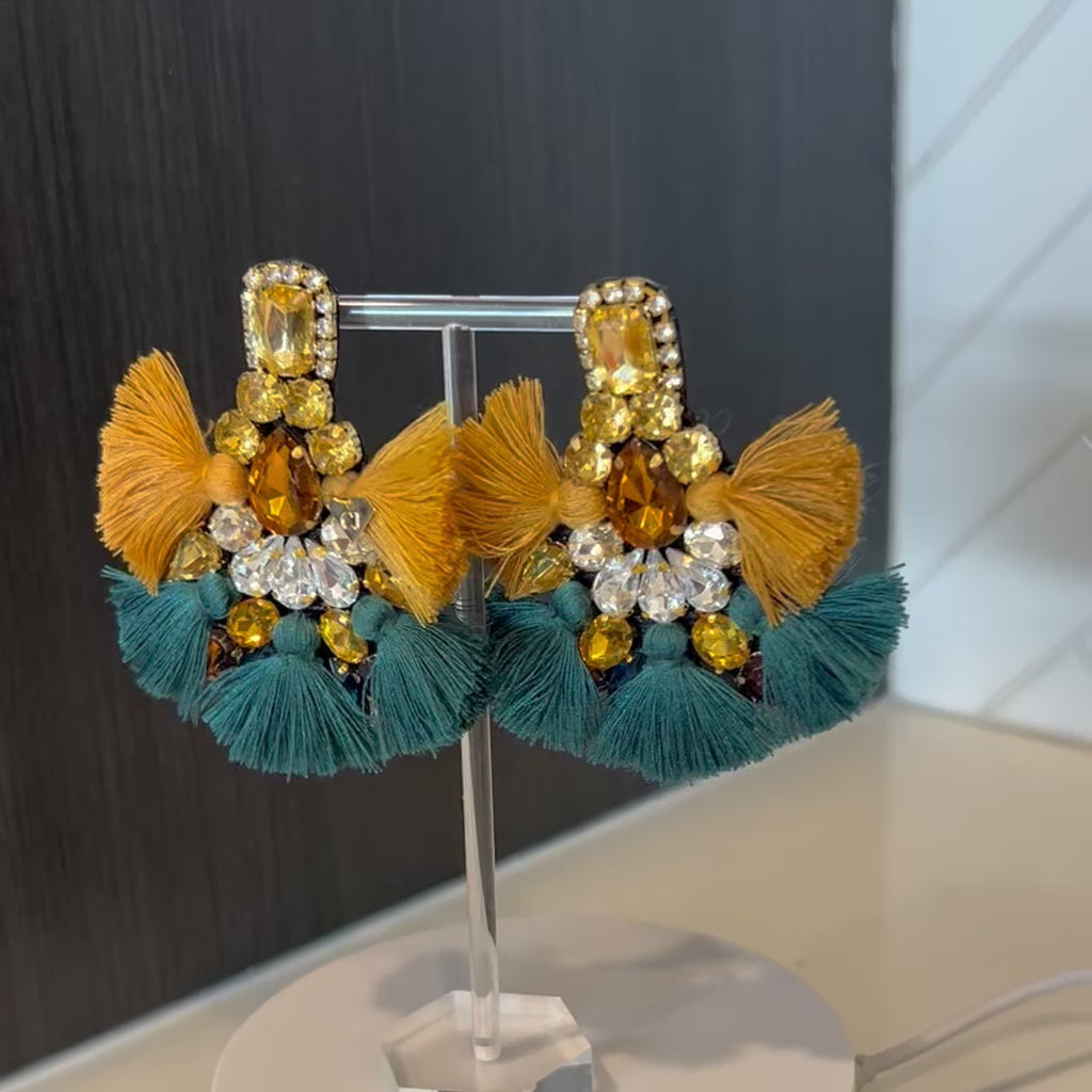 Green & Gold Crystal Rhinestone Fan Tassel Earrings