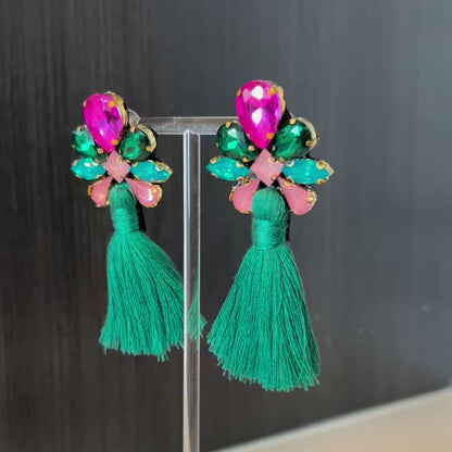 Green & Pink Rhinestone Tassel Earrings