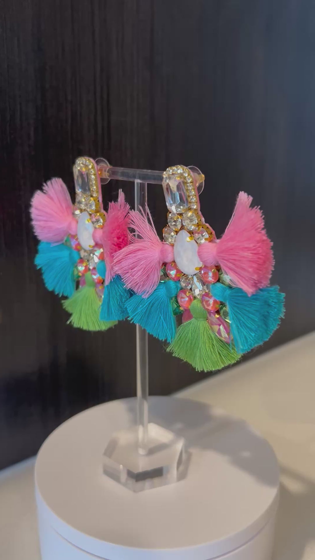 Pink Blue and Green Crystal Rhinestone Fan Tassel Earrings