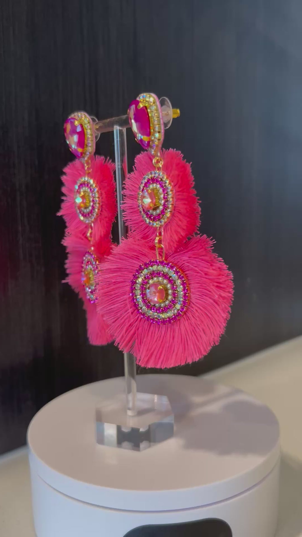 Pink Crystal Rhinestone Double Fan Tassel Earrings