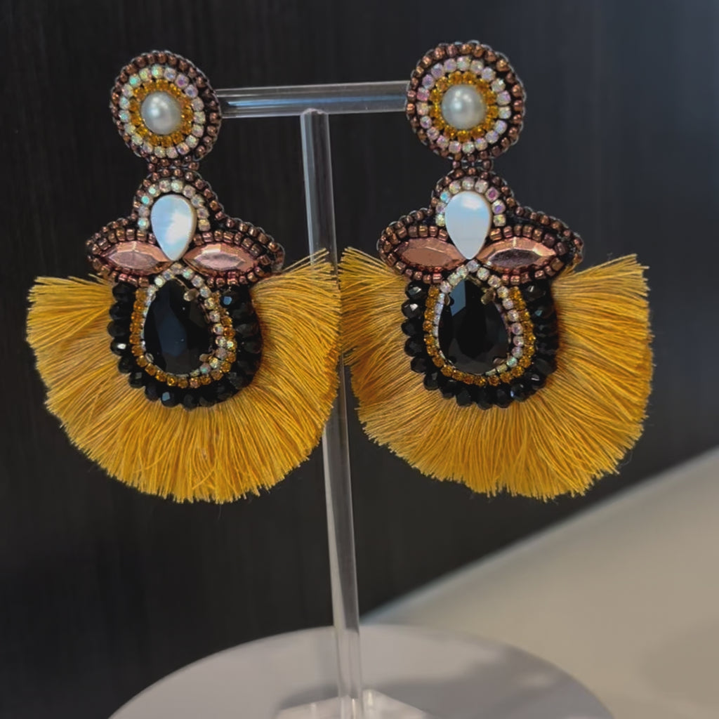 Gold & Black Rhinestone Crystal Fan Tassel Earrings