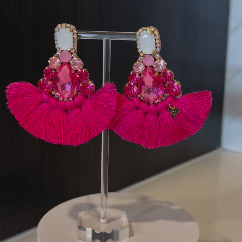 Pink Crystal Rhinestone Fan Tassel Earrings
