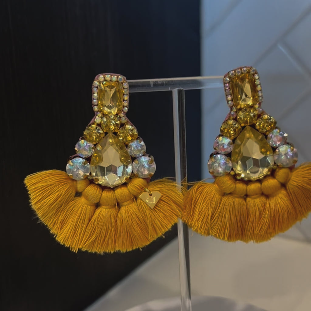 Gold Crystal Rhinestone Fan Tassel Earrings