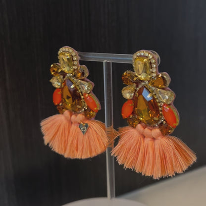 Orange & Brown Rhinestone Crystal Fan Tassel Earrings