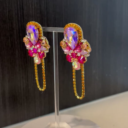 Pink Crystal Rhinestone Chain Chandelier Earrings