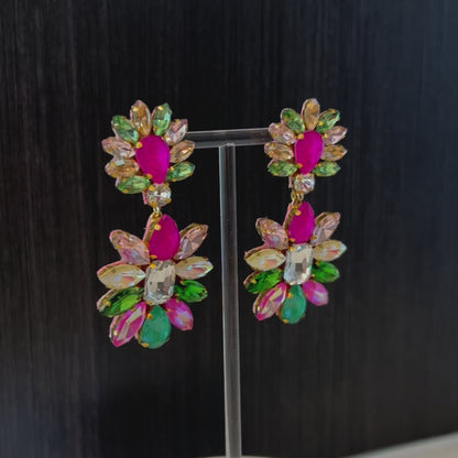 Pink & Green Rhinestone Chandelier Earrings