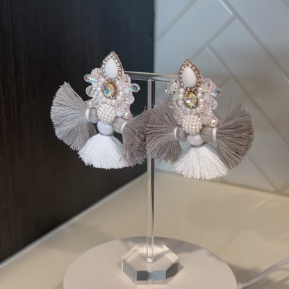 White & Grey Rhinestone Crystal Fan Tassel Earrings