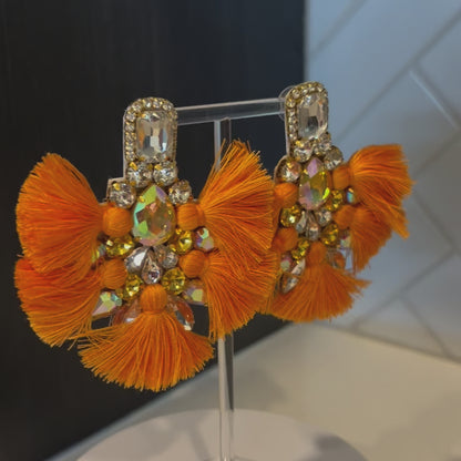 Orange Crystal Rhinestone Fan Tassel Earrings
