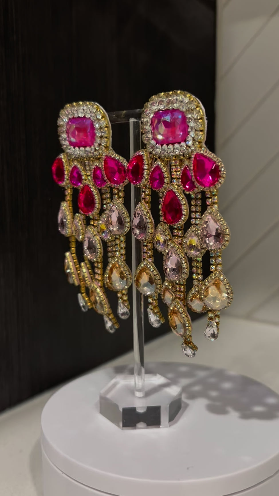 Pink Crystal Rhinestone Tassel Earrings