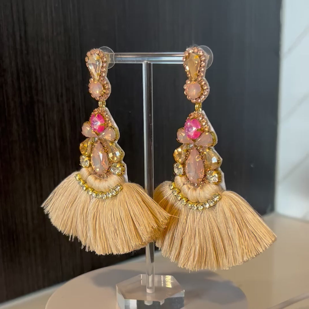 Tan Crystal Rhinestone Fan Tassel Earrings